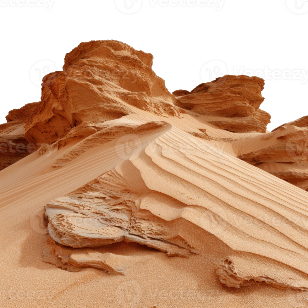 Serene Desert Landscape with Intricate Sand Dunes and Unique Rock Formations Under a Clear Blue Sky png