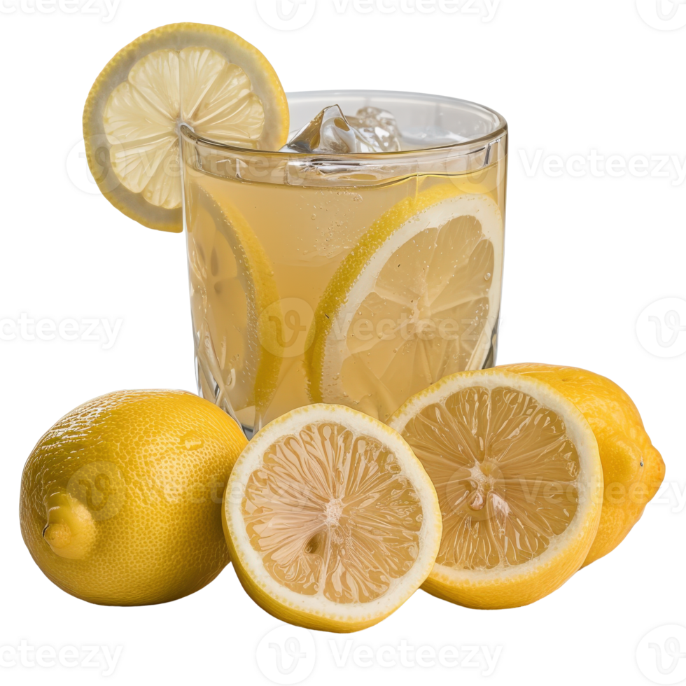 Refreshing Lemonade Drink with Freshly Sliced Lemons and Ice Cubes in a Glass on a Bright Background png