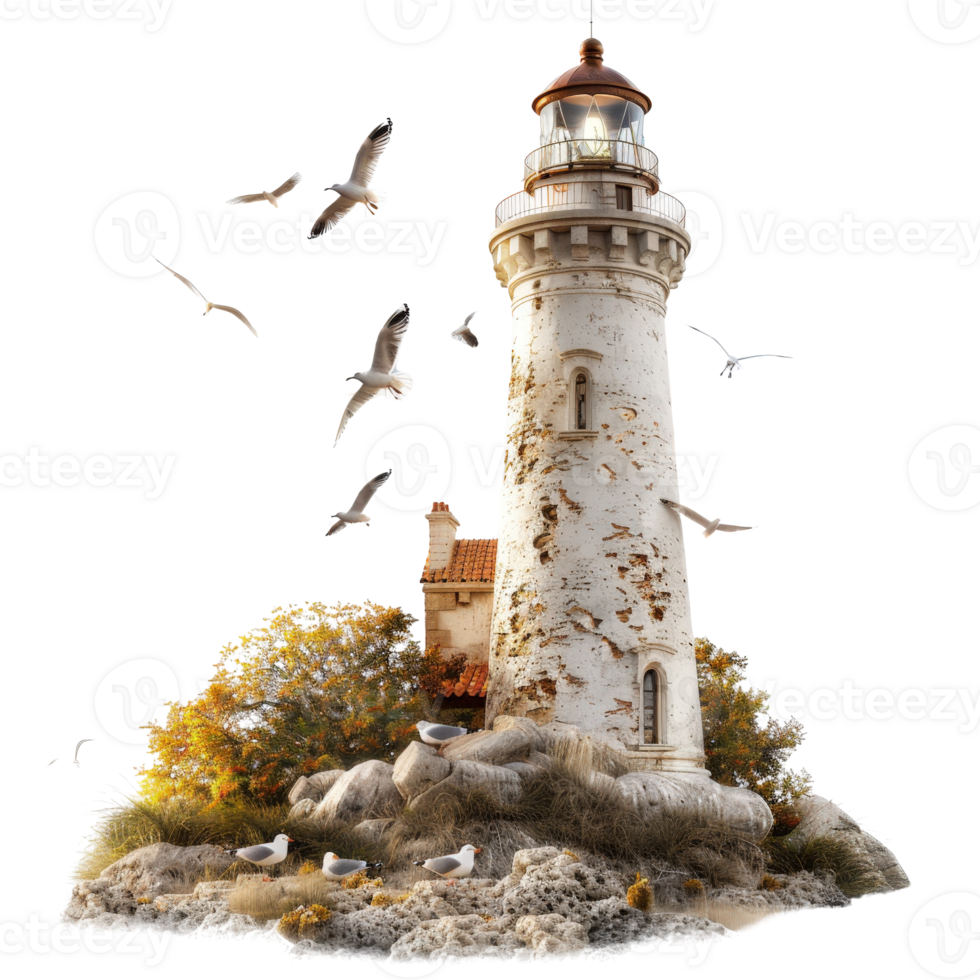Scenic coastal lighthouse surrounded by rocky shore, colorful foliage, and flying birds in a serene environment png