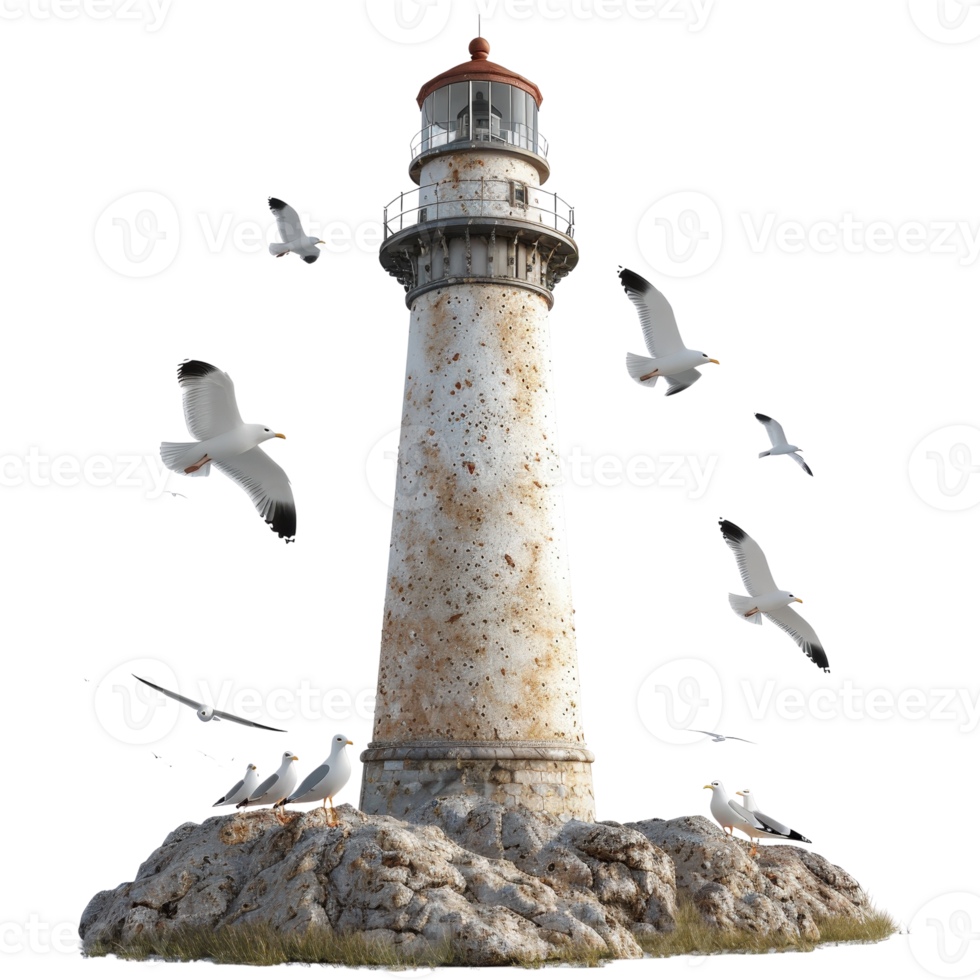 Scenic Lighthouse on Rocky Shore Surrounded by Seagulls in Clear Blue Sky Capturing Coastal Charm png