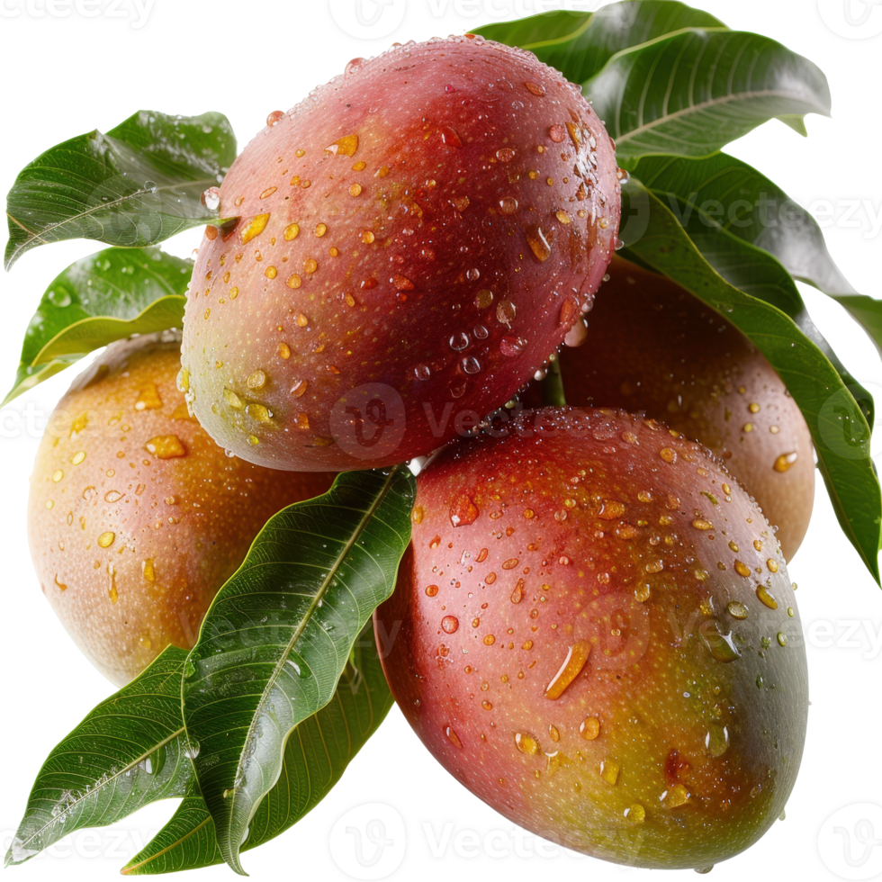 Fresh ripe mangoes with droplets of water on vibrant green leaves, perfect for culinary and tropical themes png