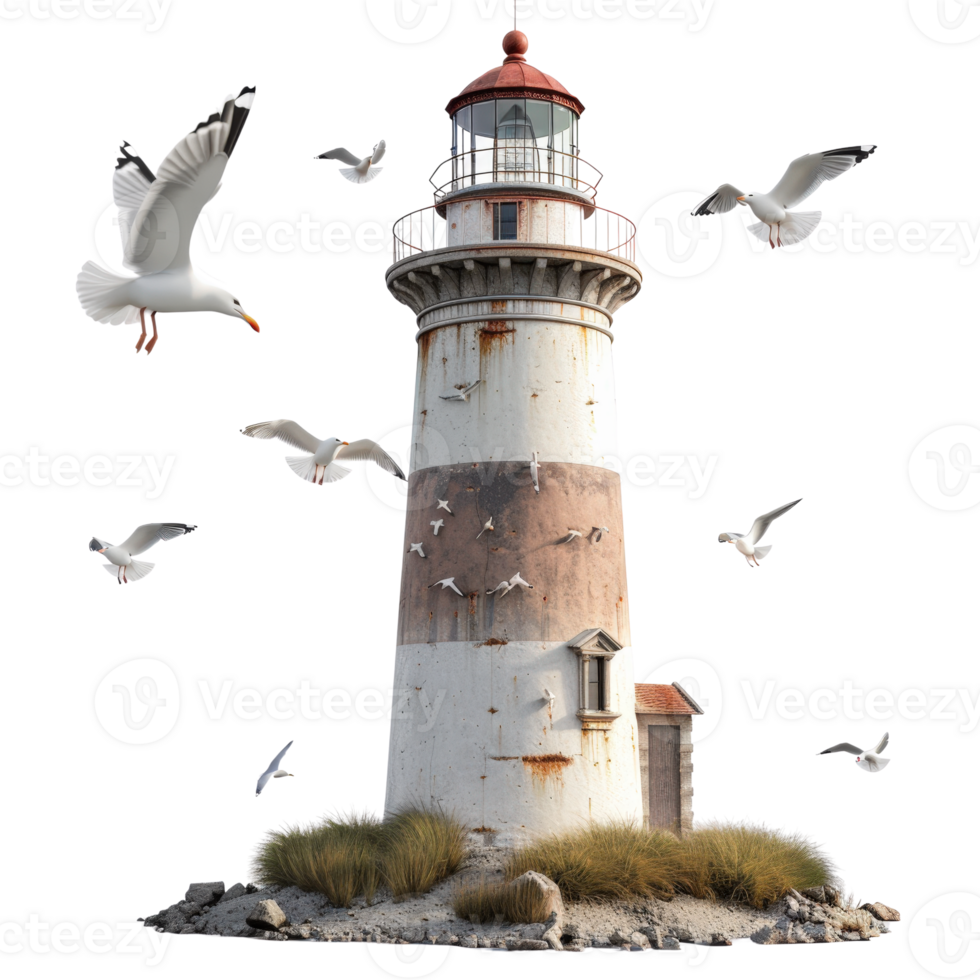 Historic lighthouse with weathered exterior, seagulls flying and coastal scenery, symbol of maritime navigation and safety png