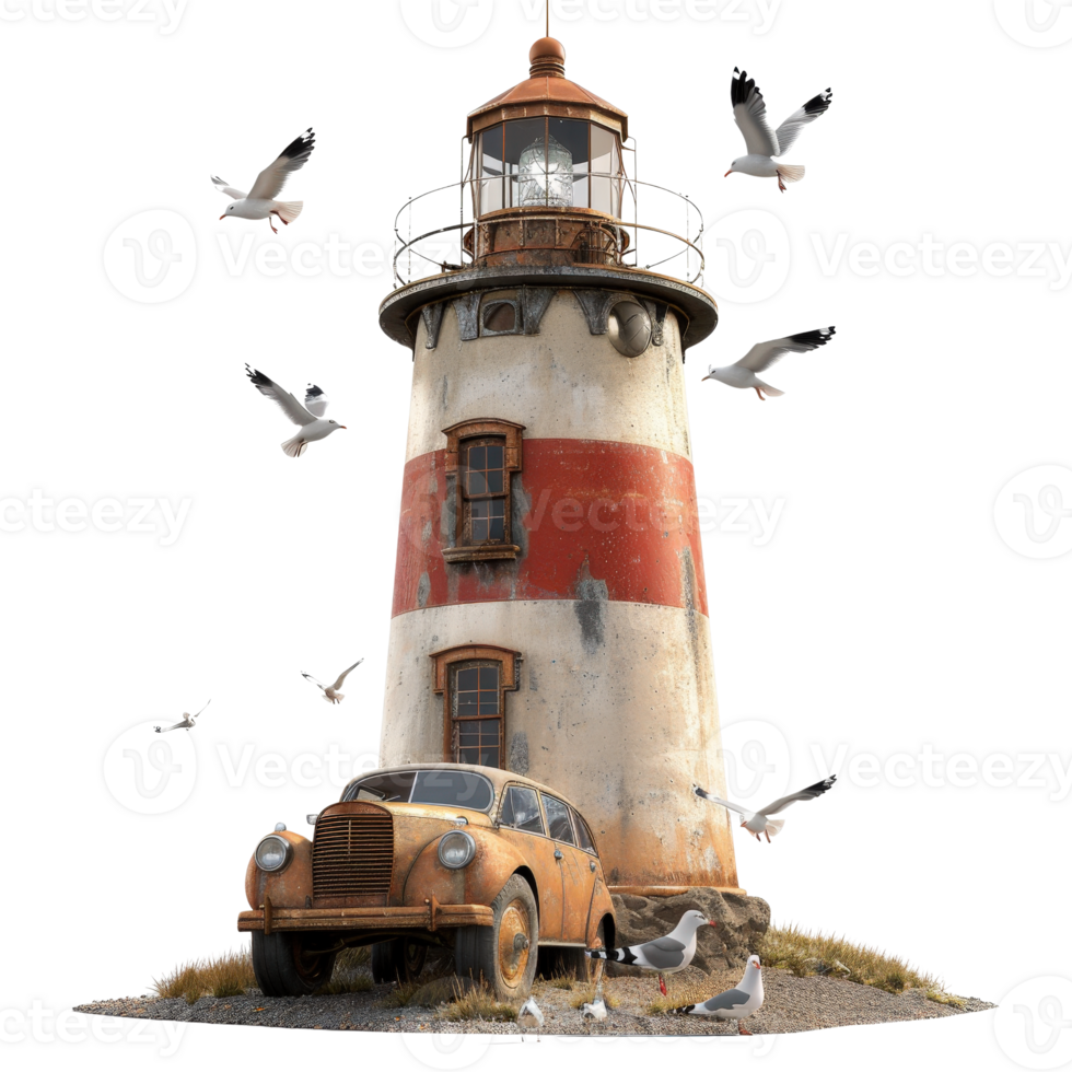 Vintage Car Next to Weathered Lighthouse Surrounded by Seagulls on a Sunny Day at the Coastline png