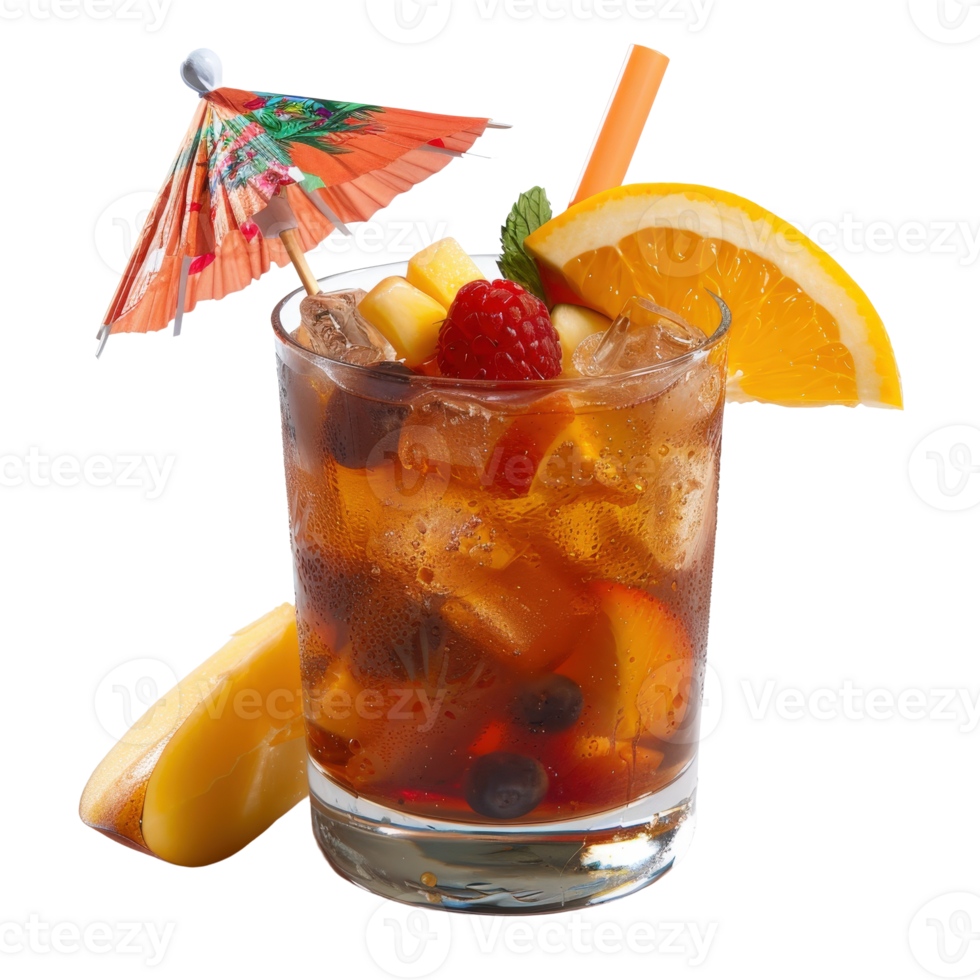 Refreshing summer cocktail with a colorful umbrella and fresh fruit garnishes in a clear glass on a white background png