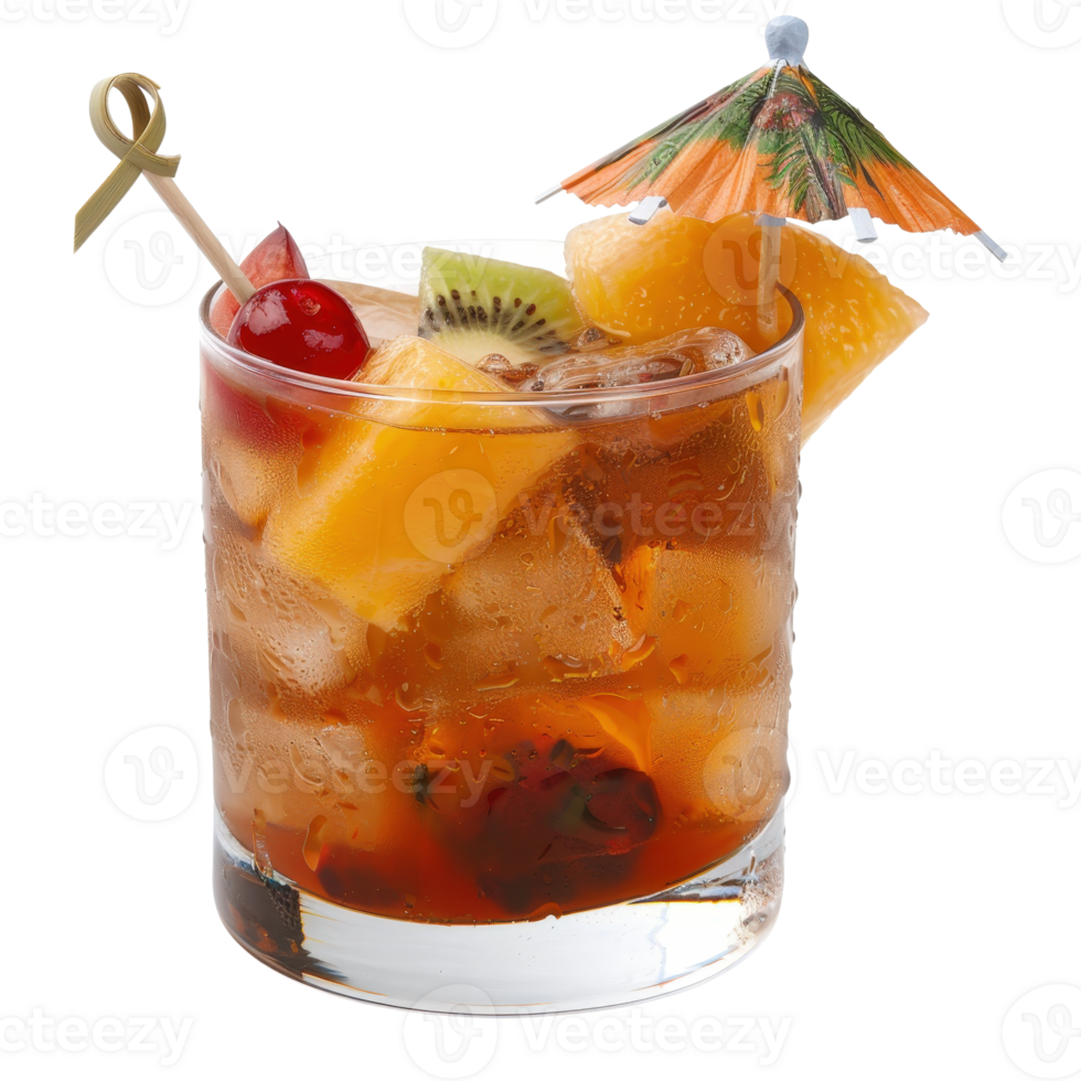 Refreshing tropical cocktail with fresh fruit, ice cubes, and decorative umbrella on a bright background png