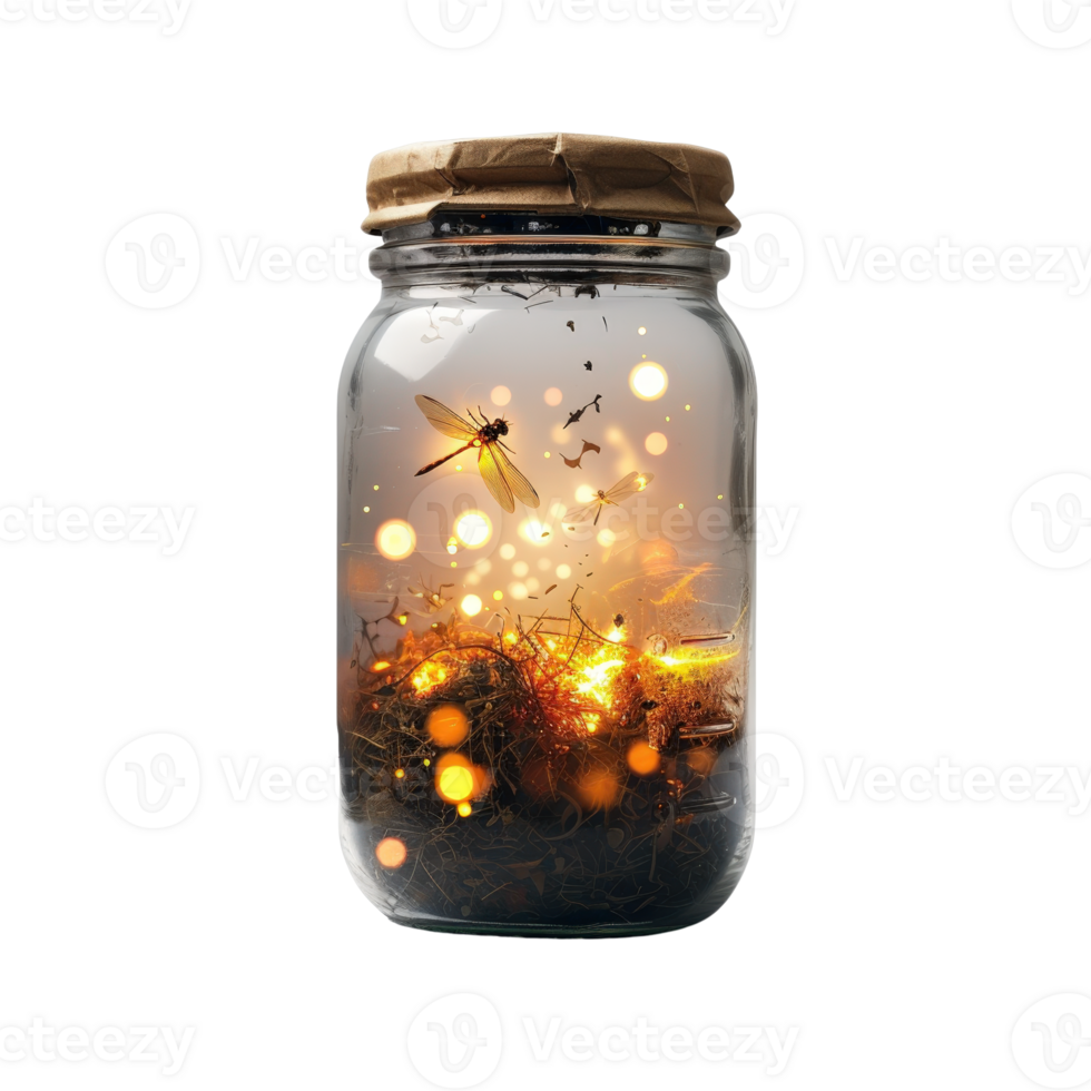 Enchanted Jar with Fireflies and Glowing Lights Capturing the Magic of Nature at Dusk in a Glass Container png