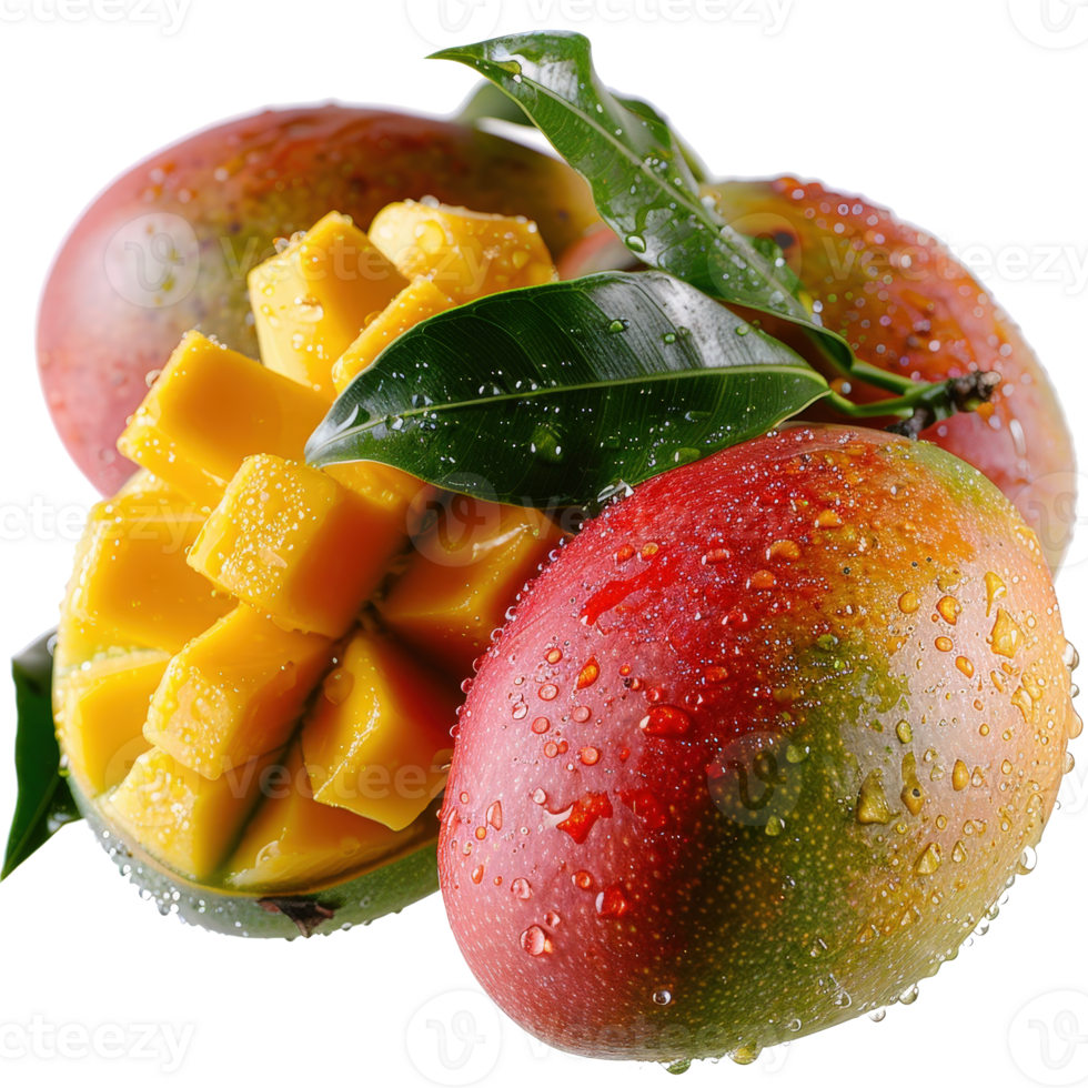 Fresh Mango Fruit with Water Droplets and Leafy Garnish, Tropical Delight with Sweet and Juicy Flesh png