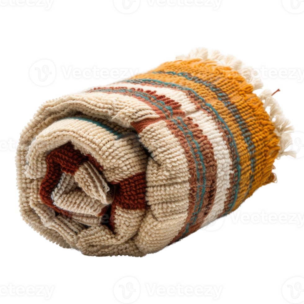 Cozy Handwoven Blanket Rolled with Multicolored Stripes in Warm Earthy Tones for Home Decor and Comfort png