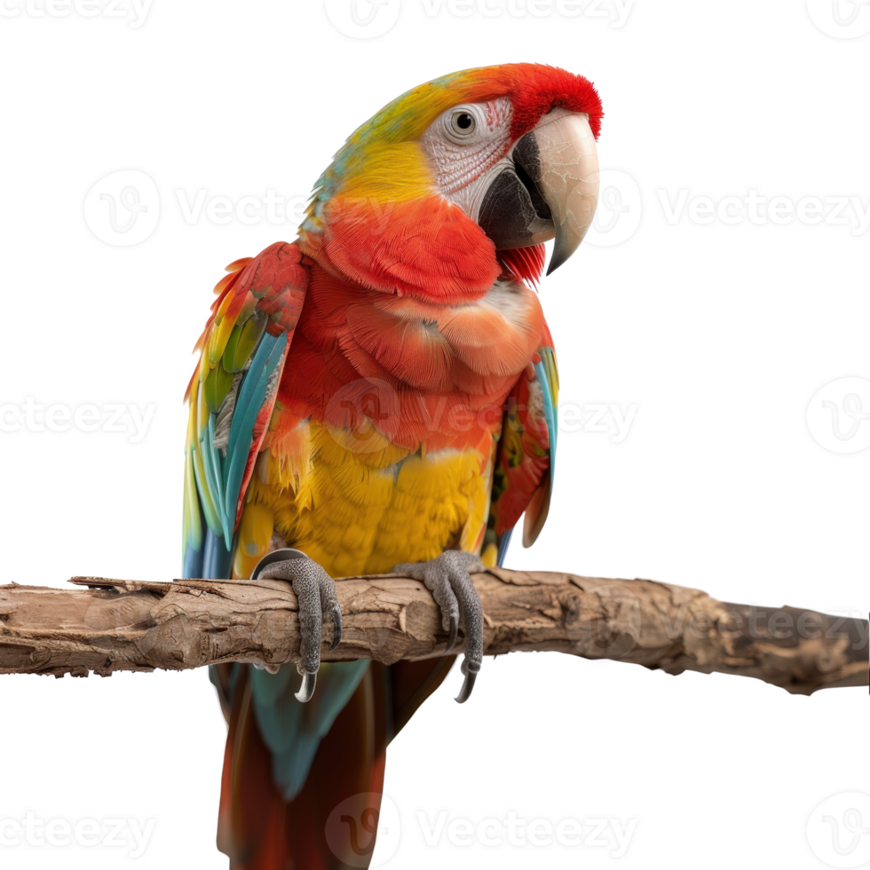 Close-Up View of a Colorful Macaw Parrot Perched on a Branch with Vibrant Feathers and Bright Expression png