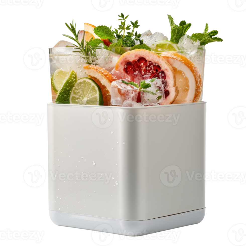 Refreshing Summer Beverage with Citrus Fruit and Herbs in a Modern Ice Cube Container png