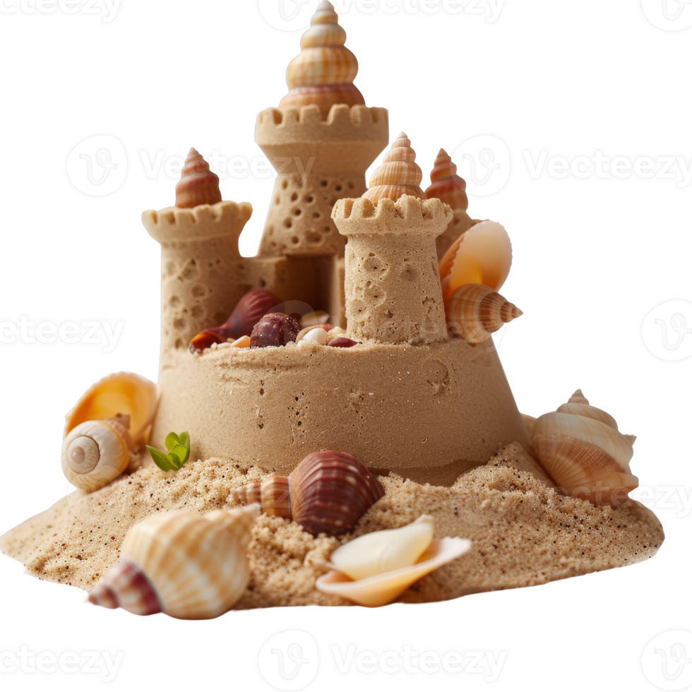 Detailed Sandcastle on Beach Surrounded by Colorful Shells and Natural Elements in a Sunlit Coastal Setting png