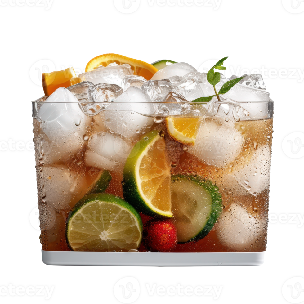 Refreshing Summer Drink with Ice, Citrus Fruits, and Bubbles in a Clear Glass Container for a Joyful Celebration png