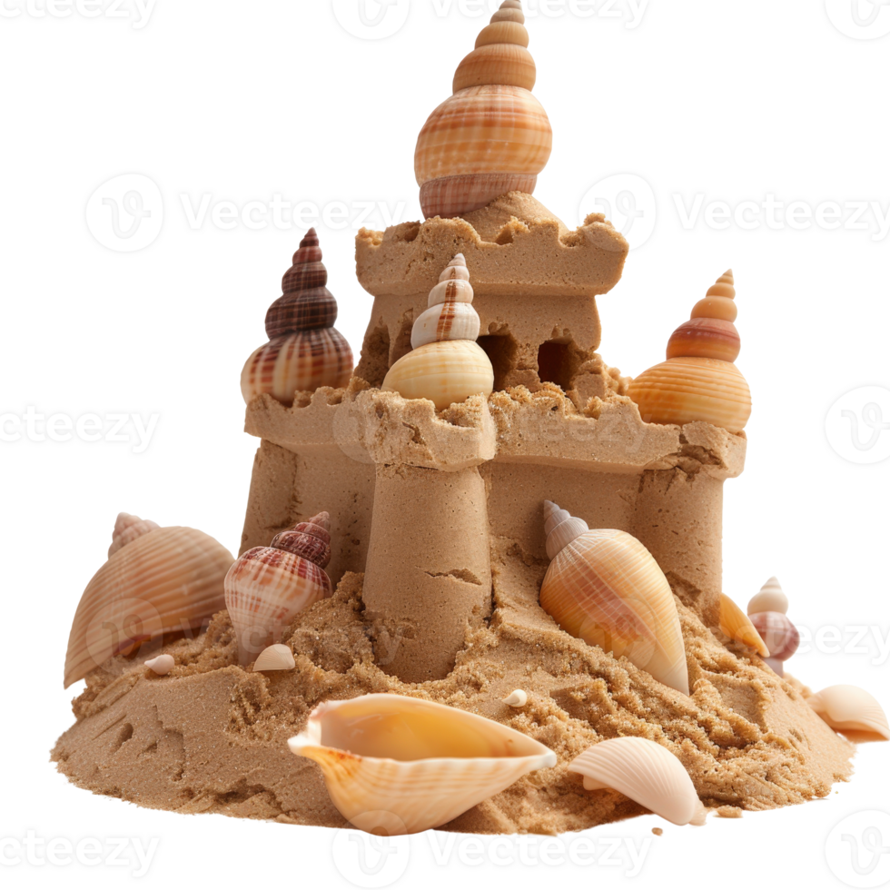 Intricately Detailed Sand Castle Adorned with Colorful Seashells Captured in Bright Natural Light on a Beach png