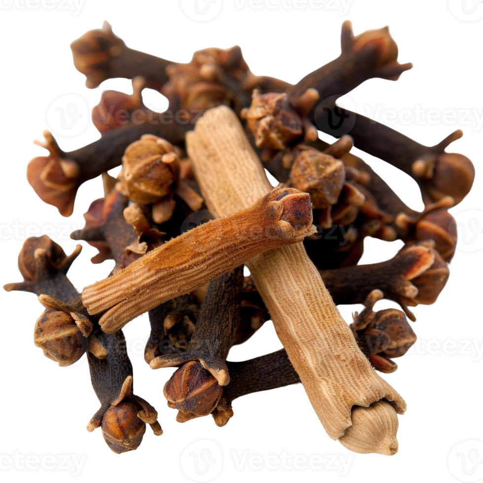 Close-Up of Aromatic Cloves and Cinnamon Sticks on White Background for Culinary and Herbal Use png