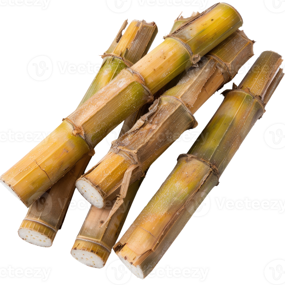 Fresh Sugar Cane Stalks on White Background Ready for Juicing or Sweetener Production in Culinary Uses and Recipes png