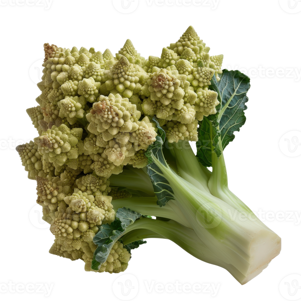 Fresh and Vibrant Romanesco Cauliflower with Intricate Patterns and Leaves Isolated on White Background png