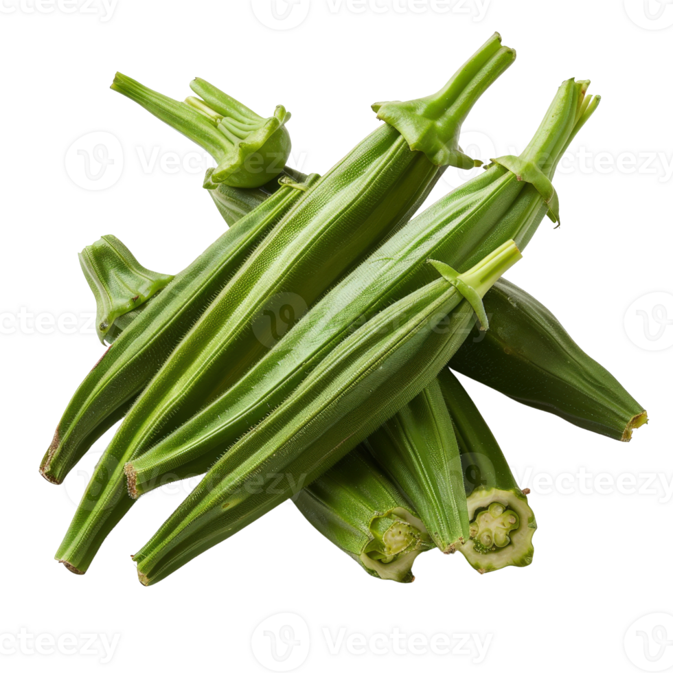 Fresh and vibrant okra pods arranged artistically on a white background showcasing their natural green color and texture png