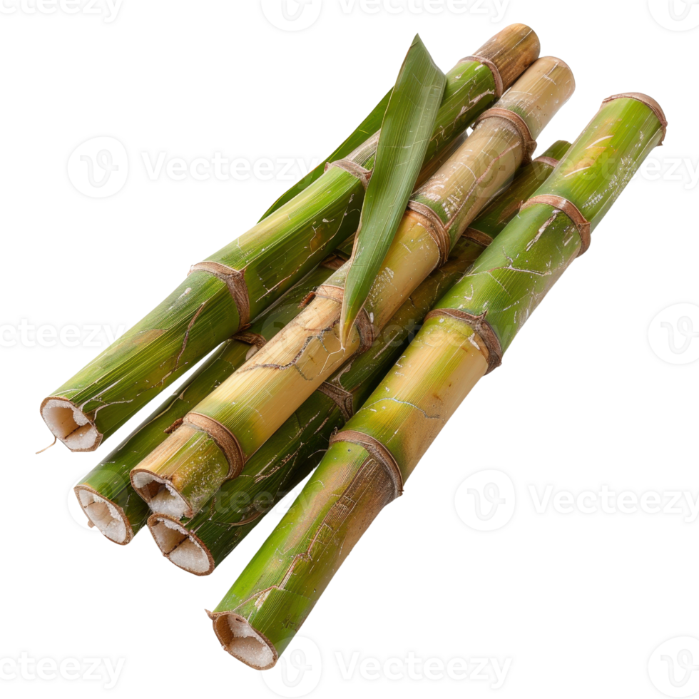 Fresh Green Sugar Cane Stalks with Leaves on White Background Perfect for Culinary and Natural Product Themes png