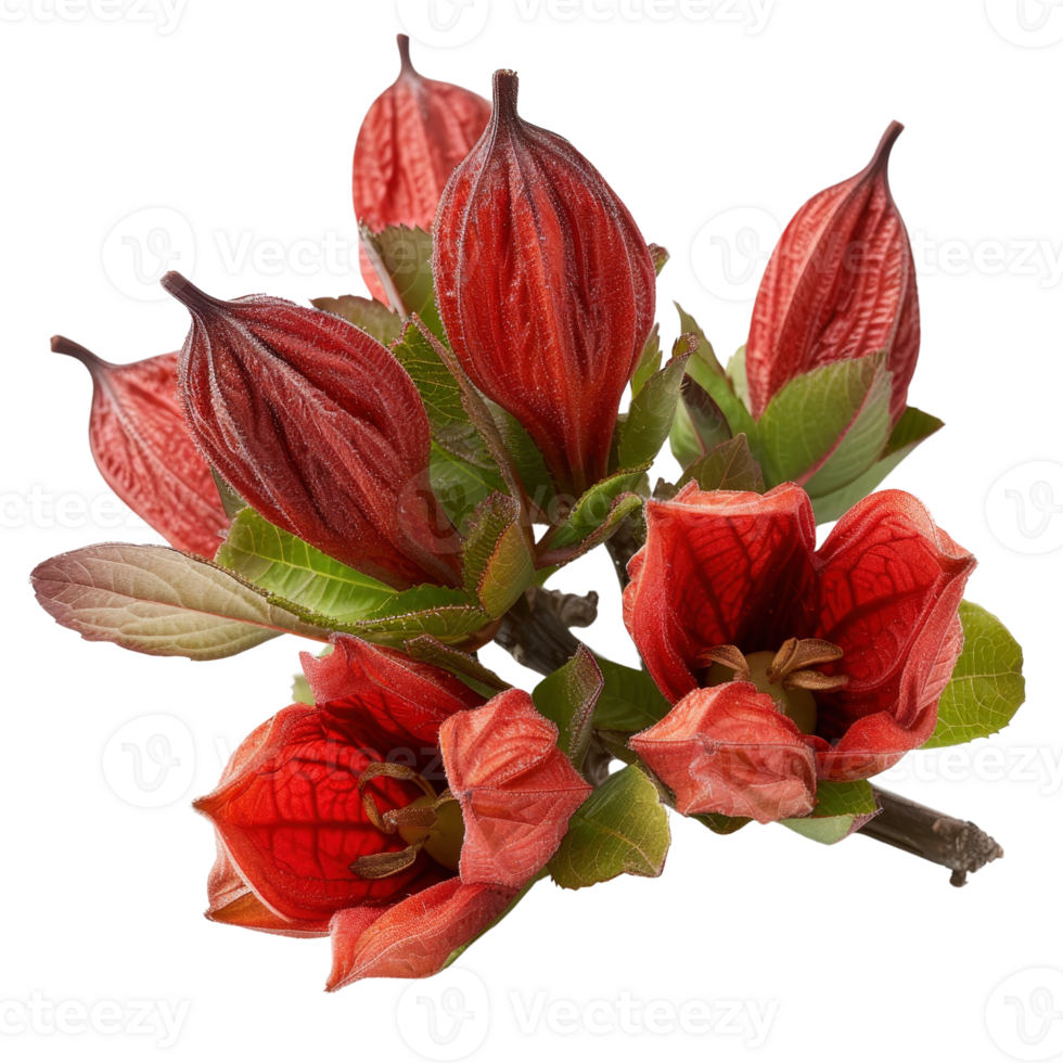 Bright Red Pods and Green Leaves on Branch with Unique Floral Structure, Captivating Nature Detail in Studio Setting png