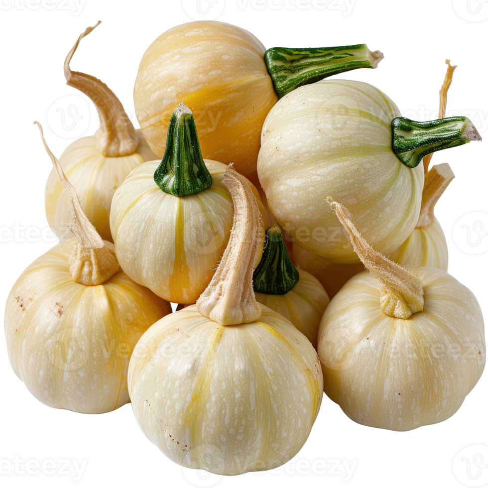 Fresh Yellow Squash Group with Unique Shape and Green Stems Displayed on a White Background for Culinary Inspiration png