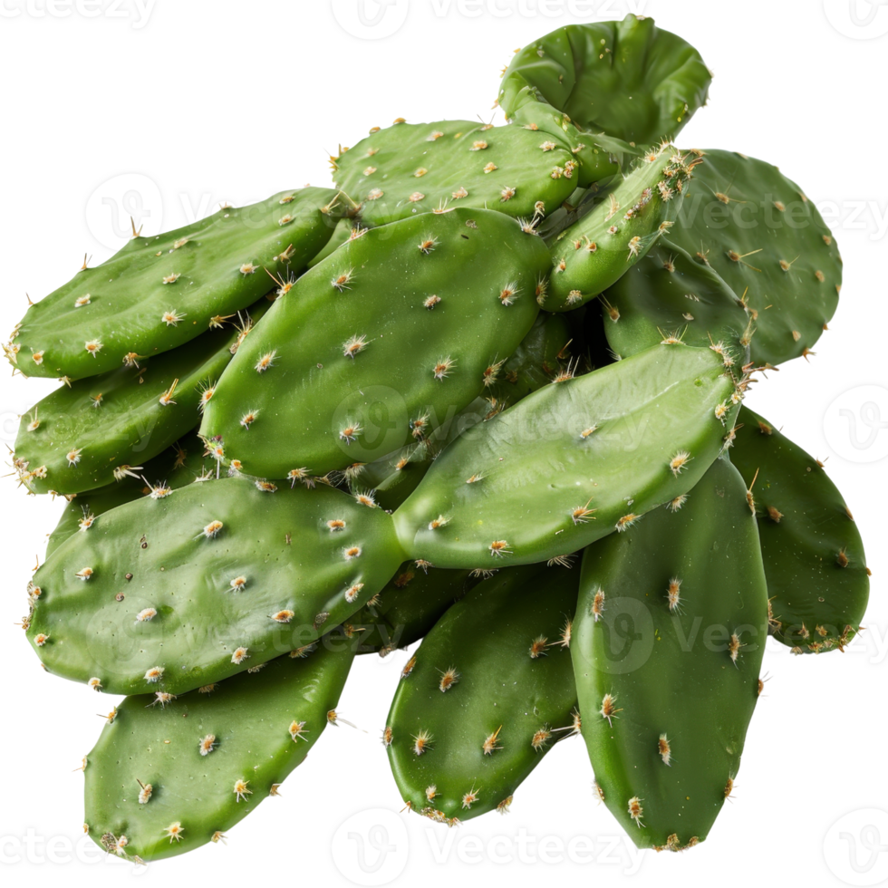 Freshly harvested green cactus pads stacked together in an isolated arrangement on a clear background for culinary use png