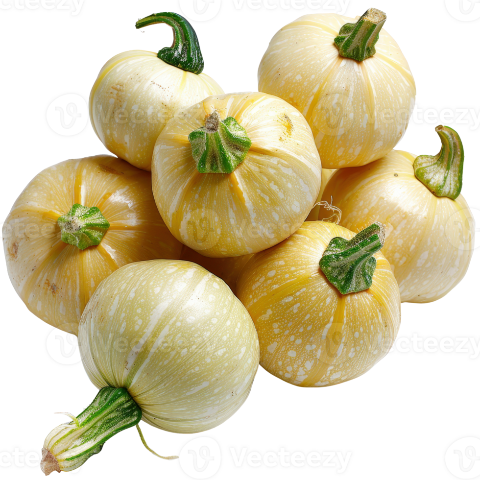 Fresh Organic Squash Varieties with Creamy Yellow and Green Stems Lying on a White Background for Culinary Inspiration png