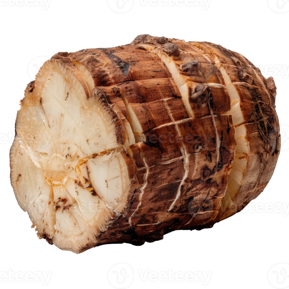 Freshly Cut Section of a Round, Brown Tuber Root with Distinctive Layered Texture on White Background png