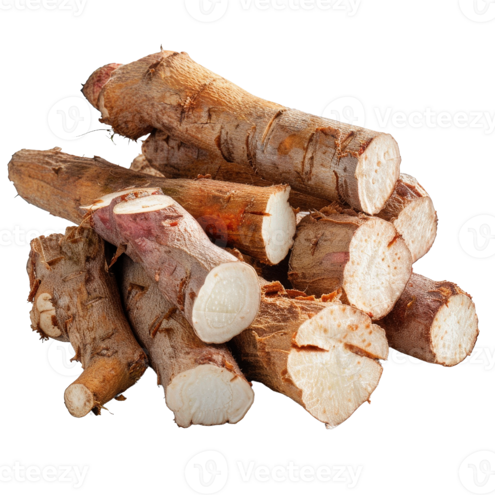 Fresh Cassava Roots Cut into Sections Displayed on White Background for Culinary and Agricultural Use in Various Dishes png