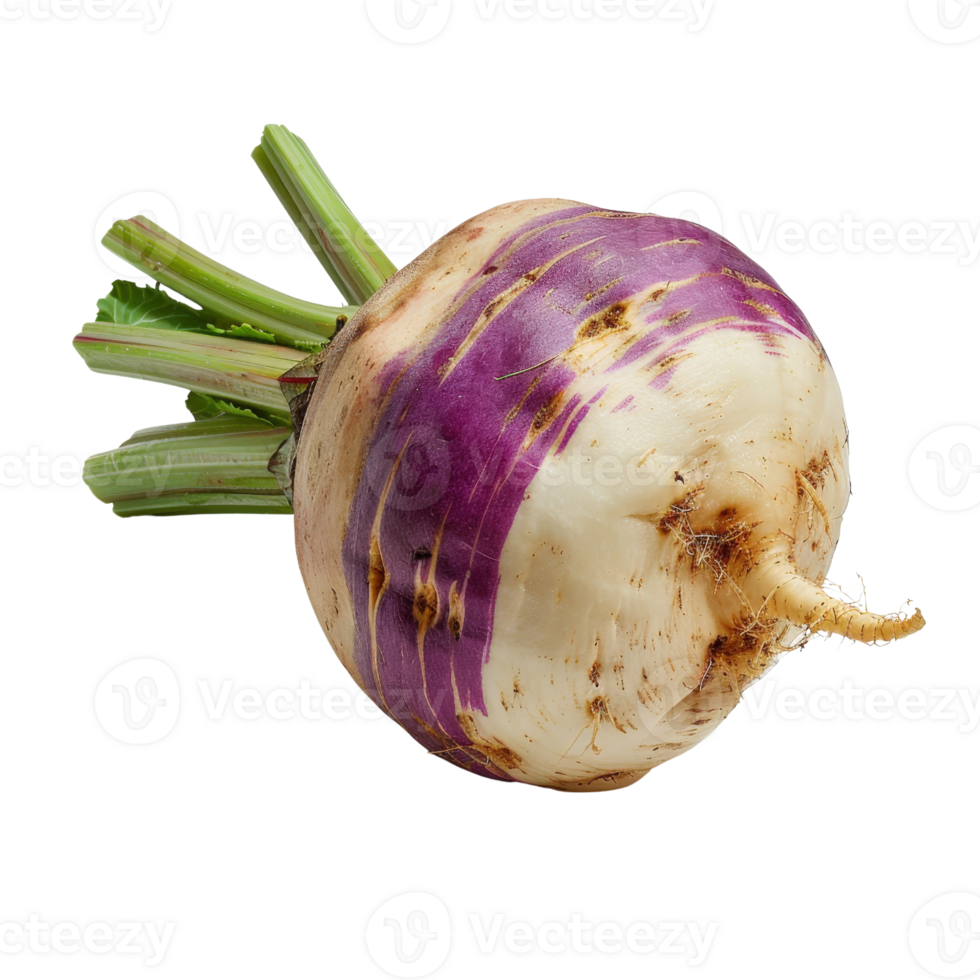 Fresh Organic Rutabaga with Purple and White Skin and Green Leaves Isolated on White Background for Culinary Use png