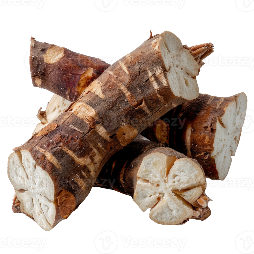 Fresh and Organic Cassava Roots Piled Together on a White Background for Culinary and Agricultural Uses png
