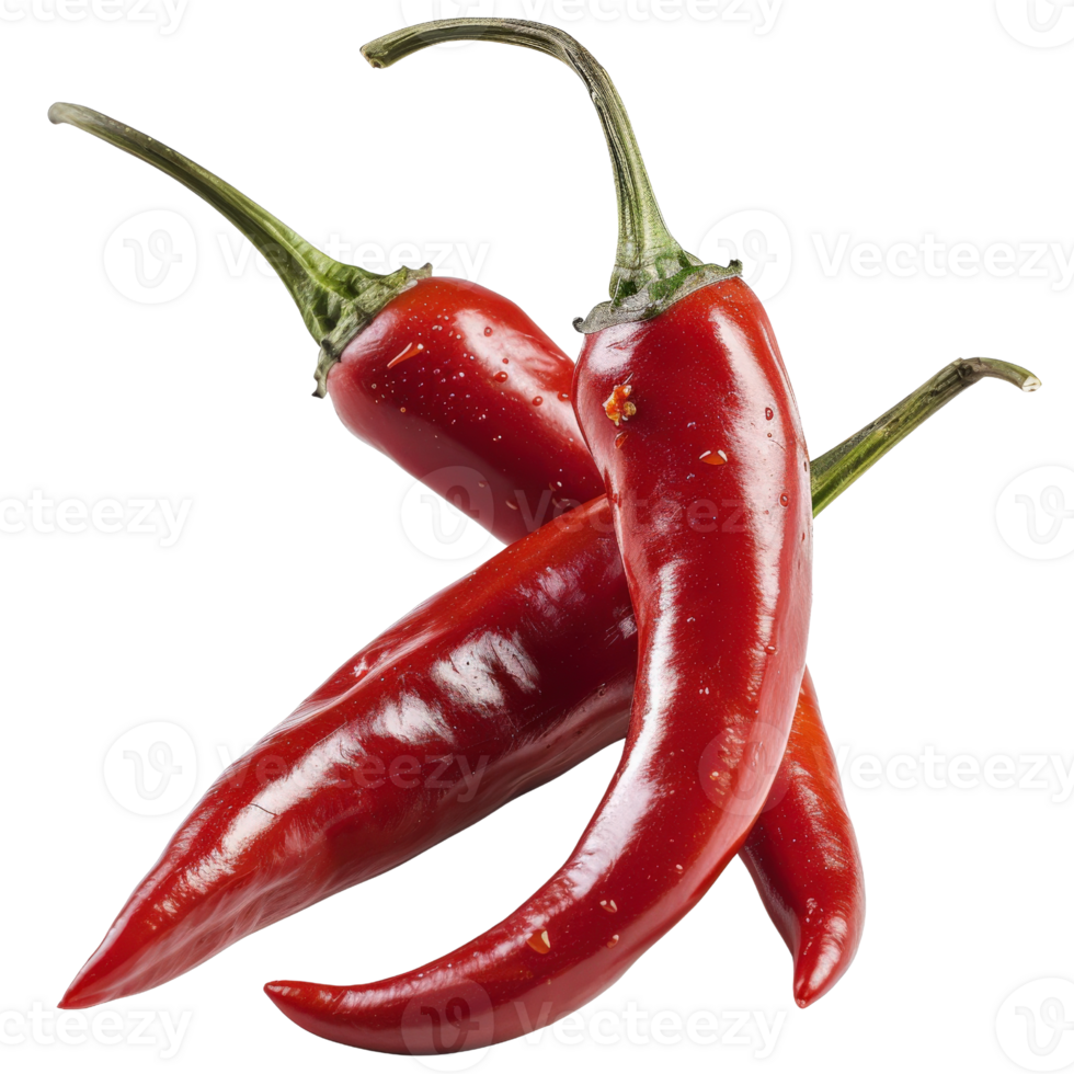 Fresh Red Chili Peppers with Green Stems on a White Background Showcasing Vibrant Color and Texture for Culinary Use png