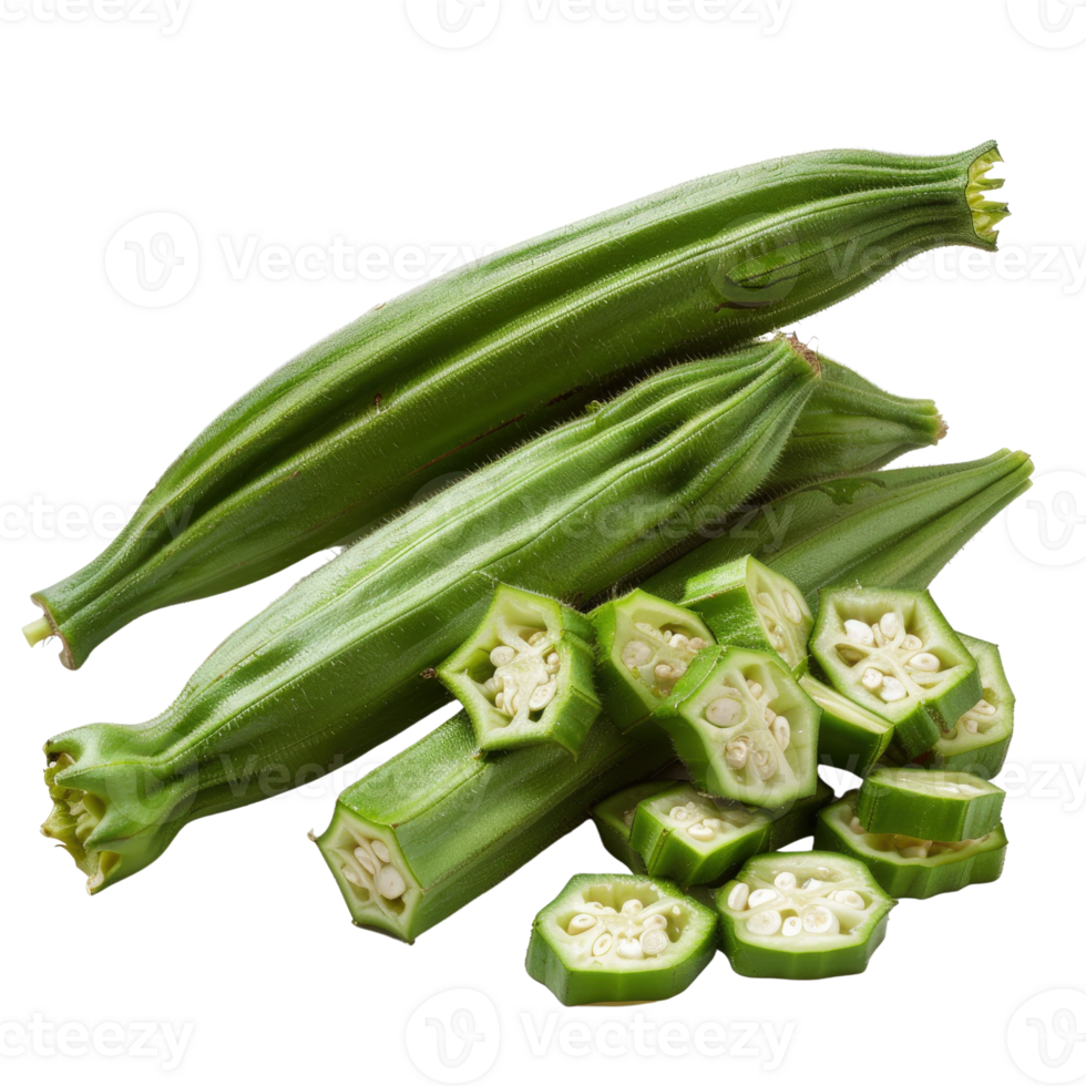 Fresh green okra pods and sliced pieces laying on a white background showcasing vibrant colors and textures png