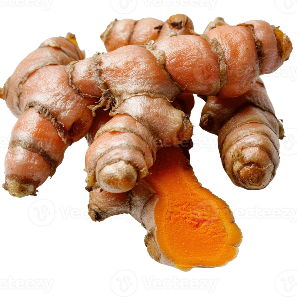 Fresh turmeric root with bright orange flesh, showcasing texture and natural form against a white background. png