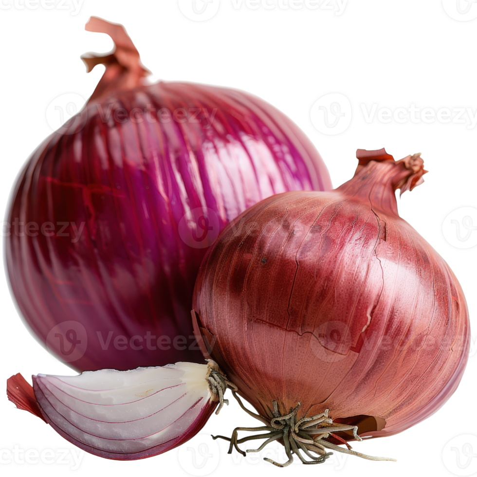 Fresh Red Onions with One Half Cut Open Displaying Layers on a White Background for Culinary Presentation png