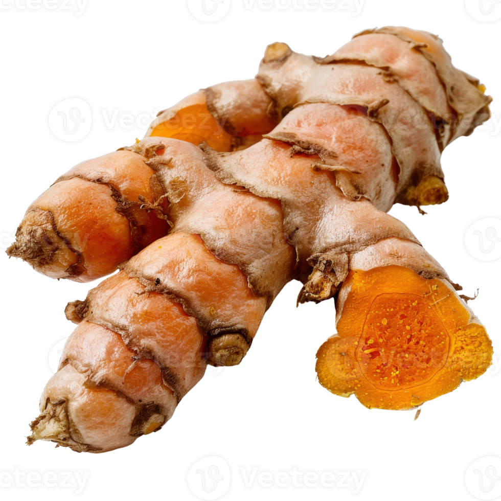 Fresh Turmeric Roots with Vibrant Orange Flesh on White Background for Culinary and Health Uses png