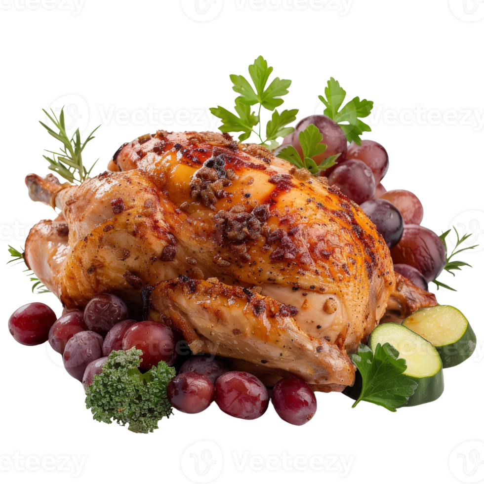 Roasted Whole Chicken Garnished with Fresh Herbs and Accompanied by Grapes and Vegetables on a White Background png