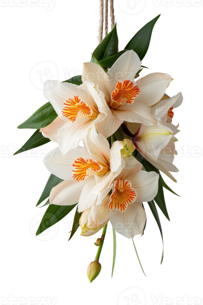 Stunning Arrangement of Creamy Orchids with Vibrant Orange Centers Flowing Elegantly Against a Soft Background png