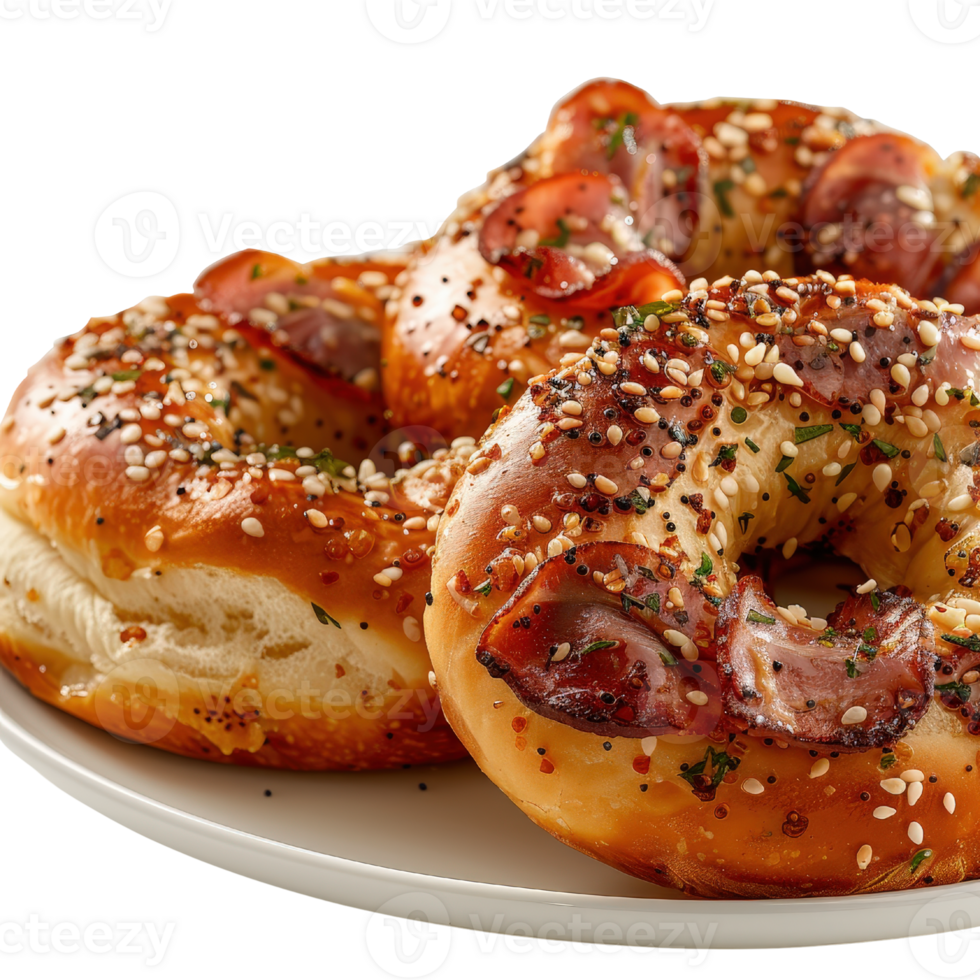 Delicious fresh bagels topped with smoked salmon and sesame seeds on a white plate ready to serve png