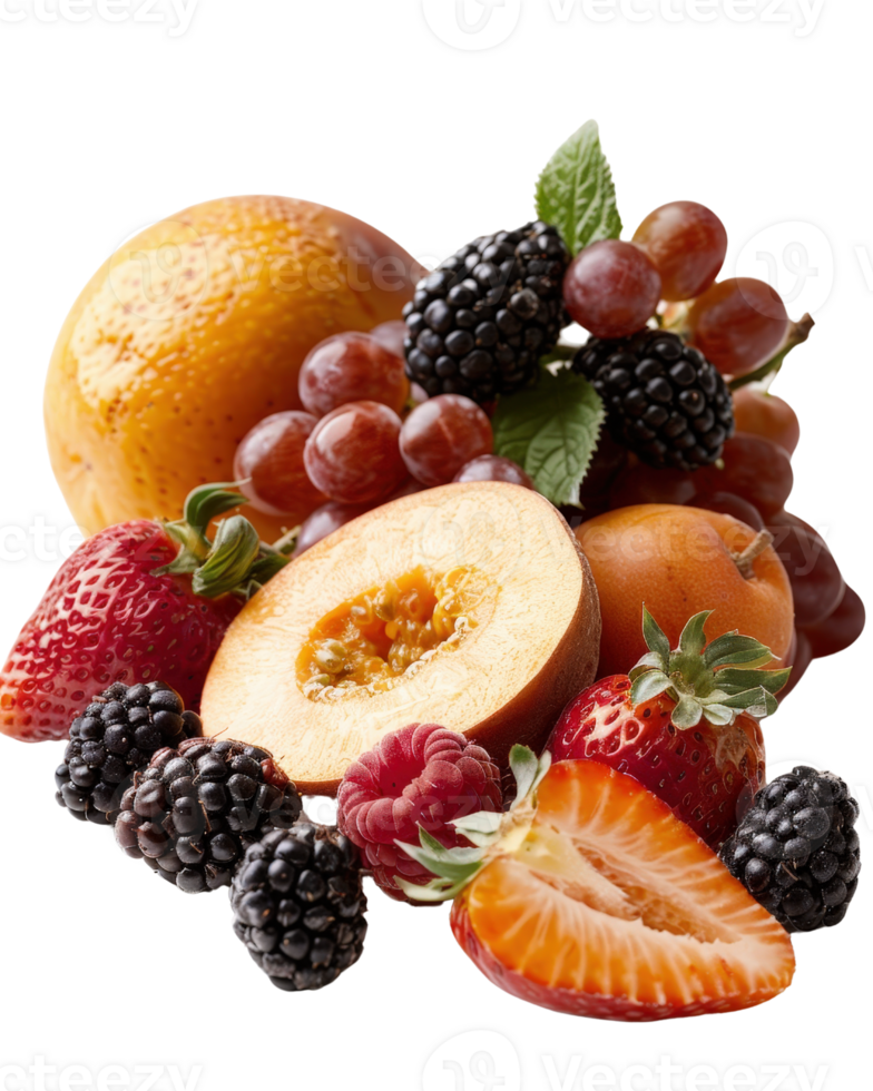 Fresh Mixed Fruits Arrangement with Berries, Melon, Grapes, Strawberries, and Mint Leaves Isolated on White Background png