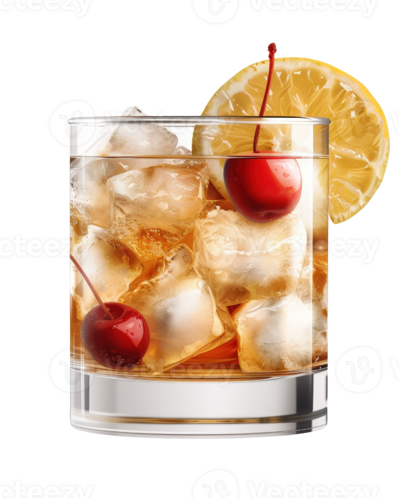 Refreshing cocktail with ice, cherries, and lemon slice in a glass, perfect for summer gatherings and celebrations png