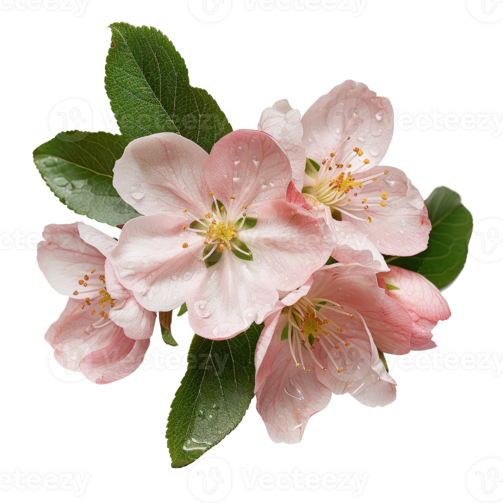 Pink Apple Blossom Flowers with Green Leaves and Water Drops Set Against a White Background png