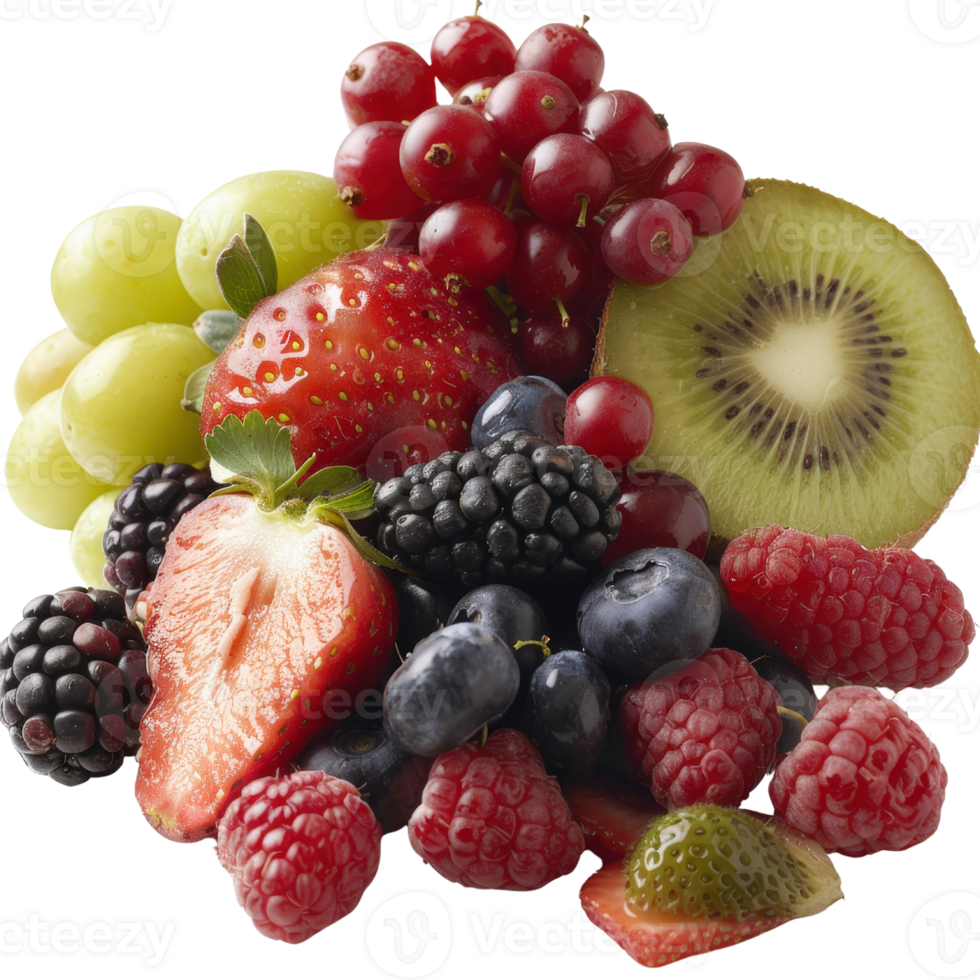 Fresh and Vibrant Assortment of Juicy Fruits Including Strawberries, Grapes, Kiwi, and Berries for Healthy Living png