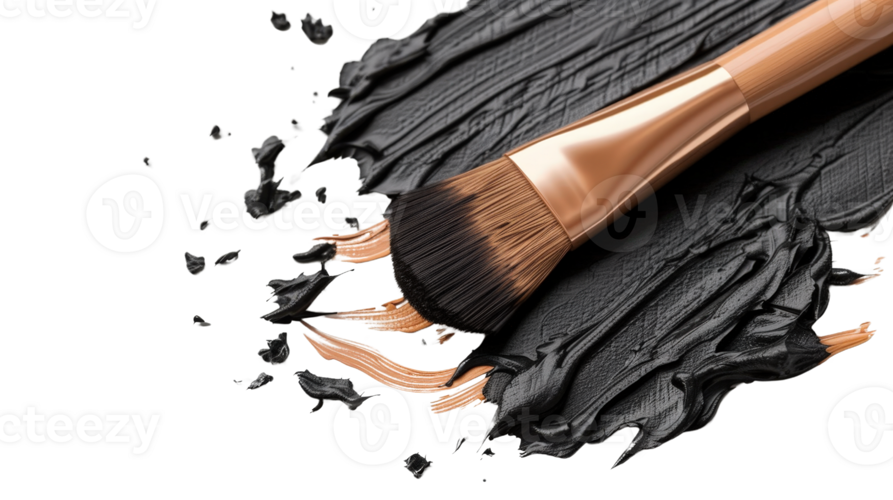 Luxurious makeup brush on a black and gold textured surface with sleek paint strokes and artistic elegance png