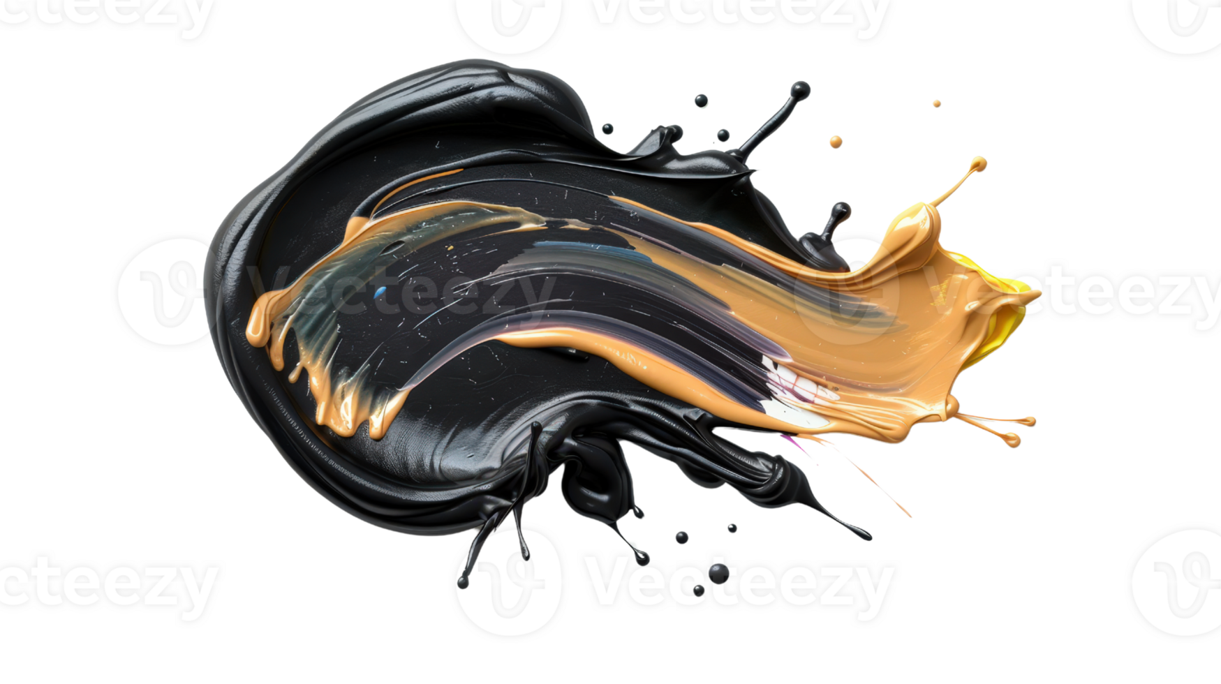 Abstract paint splash in black, gold, and bronze with curved brush strokes on a bright background for creative designs png