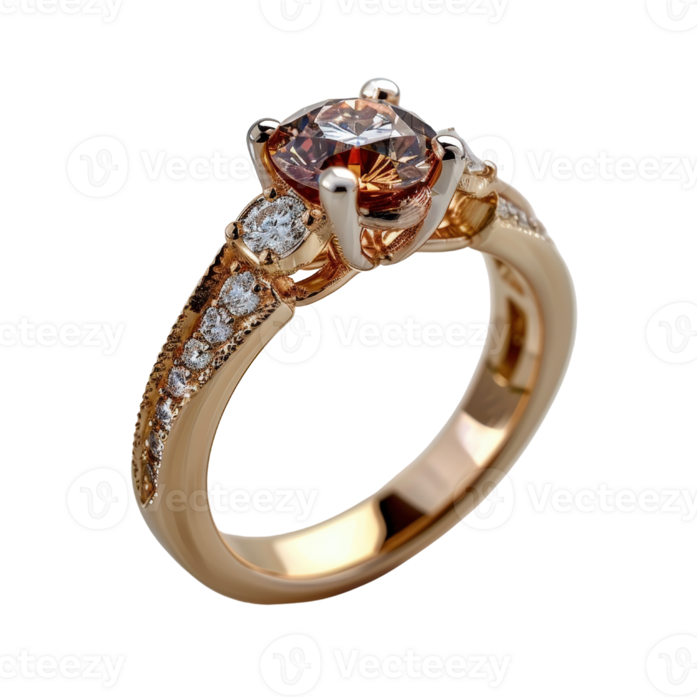 Stunning rose gold engagement ring with intricate design featuring a brown diamond and sparkling white gemstones png