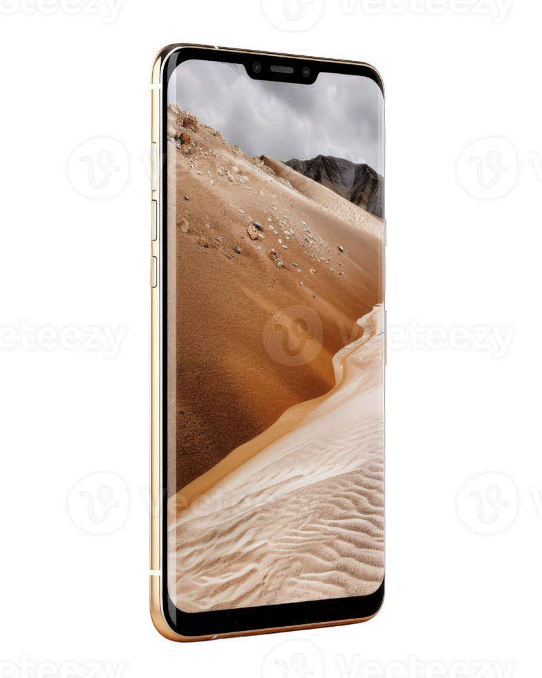 Modern smartphone with landscape wallpaper showing sandy desert environment and rocky mountains in the background png