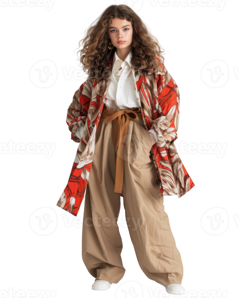 Stylish young woman in patterned coat and oversized pants with curly hair posing confidently against a plain backdrop png