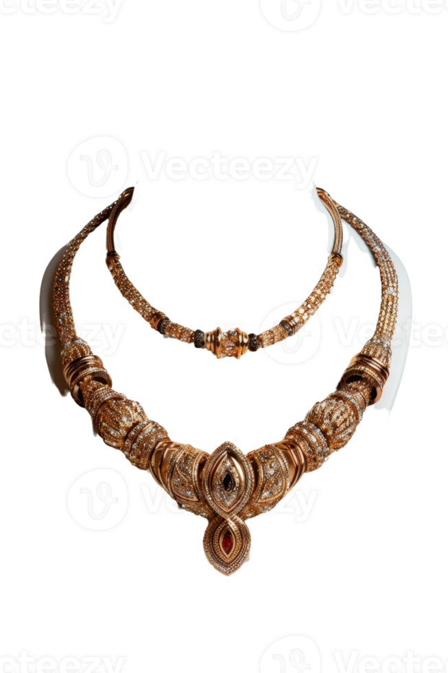 Elegant gold necklace set with intricate designs and sparkling gemstones, perfect for formal events and special occasions png