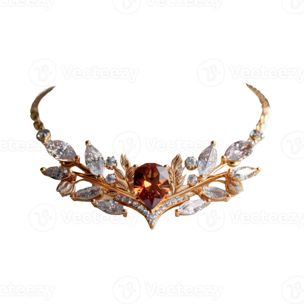 Elegant gold necklace adorned with intricate gemstone designs and sparkling crystals, perfect for luxury jewelry display png
