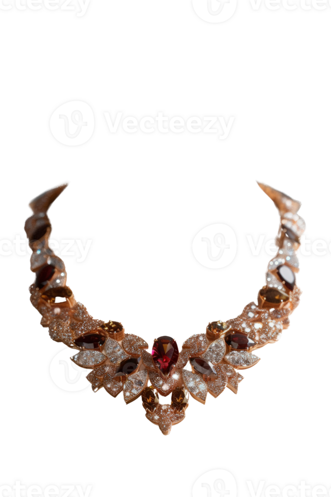 Elegant gemstone necklace featuring intricate design with sparkling embellishments and vibrant colored stones png